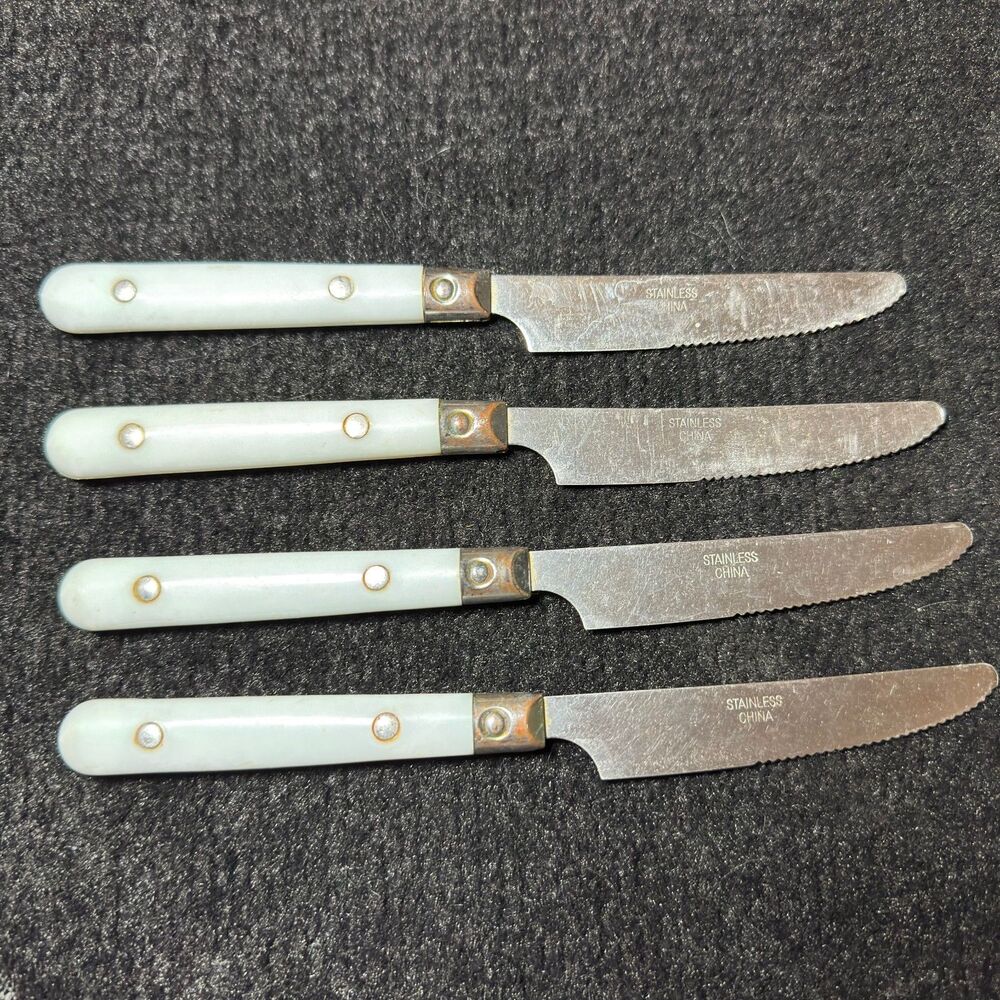 Steak Knives White Plastic Handle Serrated Stainless Steel Dinner Knife Vintage